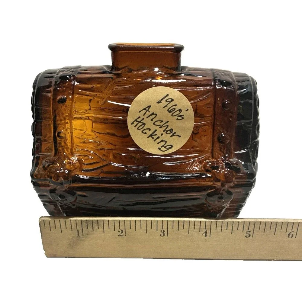 Anchor Hocking Pirate Treasure Chest Coin Bank Dark Amber Glass  - 1960s Unique!